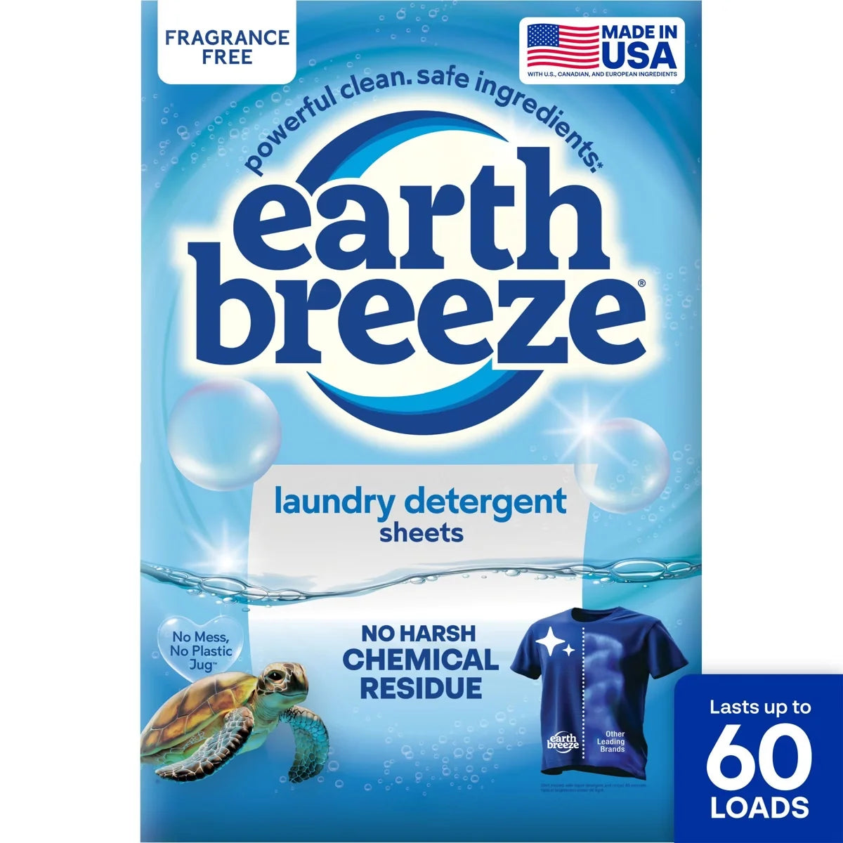 Earth Breeze Fragrance Free Laundry Detergent Sheets - 60 loads: Hypoallergenic, Bleach-Free, Non-Toxic, Dermatologist Tested