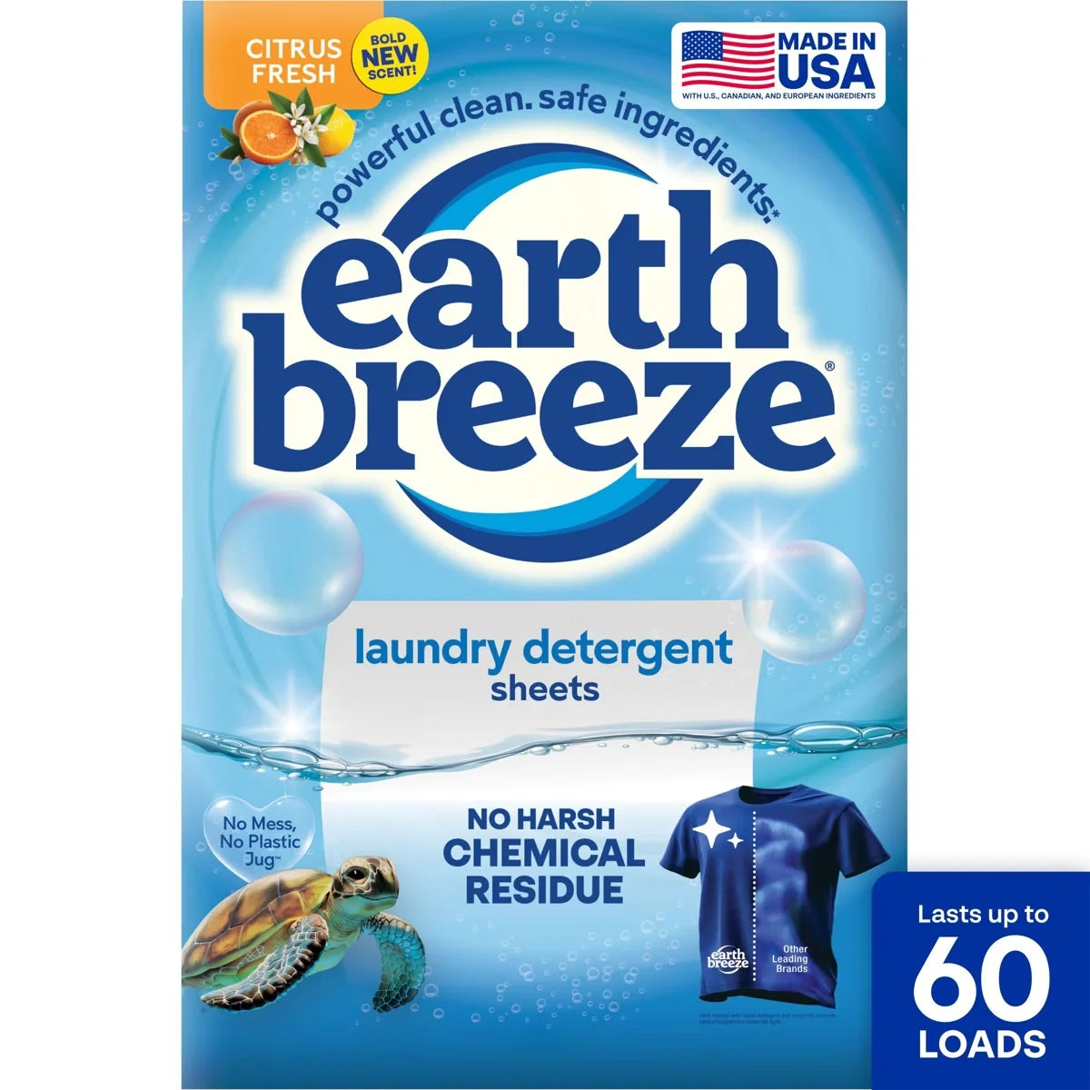 Earth Breeze Citrus Fresh Laundry Detergent Sheets - 60 loads: Hypoallergenic, Vegan, Concentrated, High Efficiency