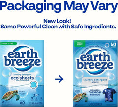 Earth Breeze Laundry Detergent Sheets Fresh Scent 60 Loads | Eco Liquidless Soap - Travel-Friendly for Hot & Cold Cycles, Tackles Tough Stains & Odors - Gentle on Skin