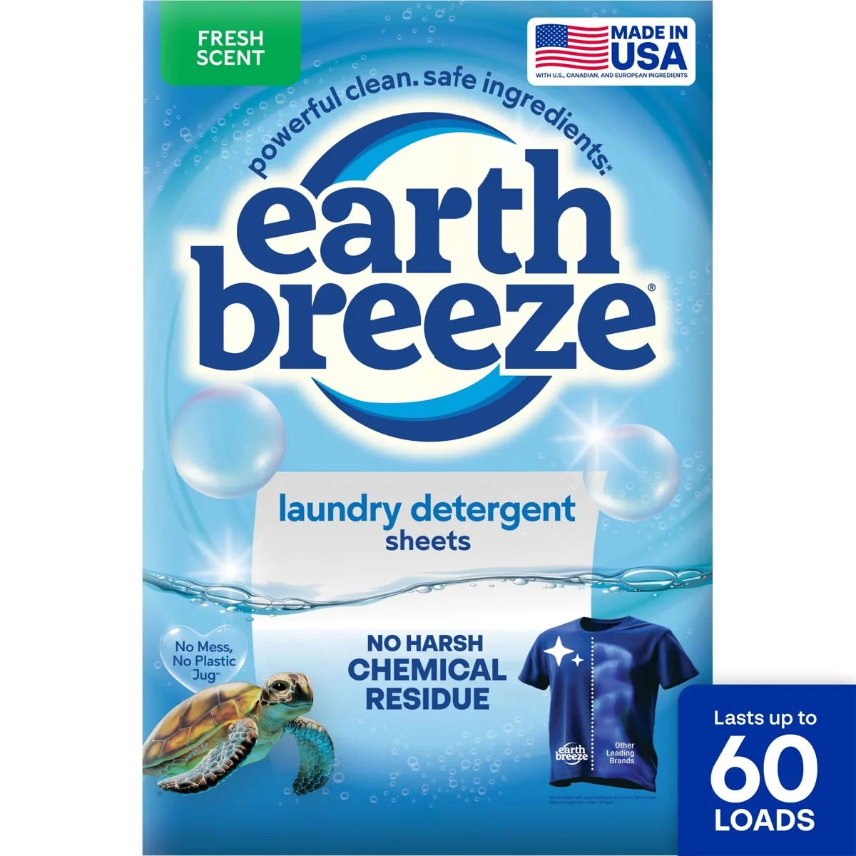 Earth Breeze Fresh Scent Laundry Detergent Sheets - 60 Loads: Hypoallergenic, Vegan, Concentrated, High Efficiency